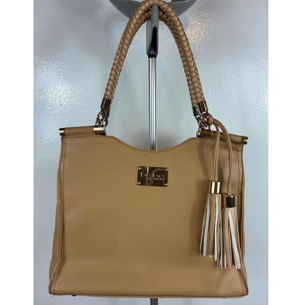 Bebe Tote Bag Women Tan Pebbled Faux Leather Braided Handle Gold Logo Tassel Bag
